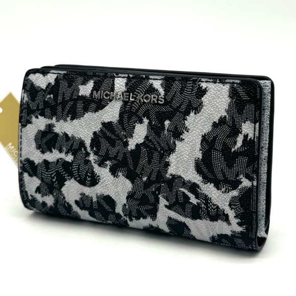 Michael Kors Medium Empire Leopard Logo Snap ZA Wallet Black Multi - Picture 3 of 10